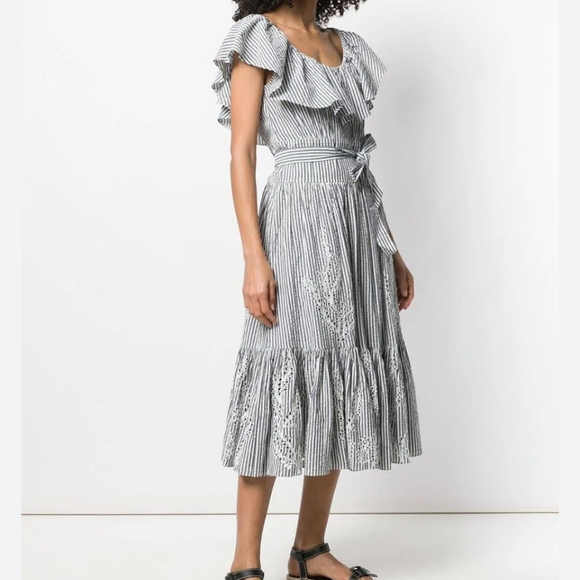 Tory Burch Dresses & Skirts - Tory Burch Eyelet Embroidered Stripe Flounce Ruffle Hem Midi Dress Gray Blue 8
